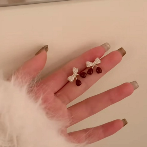 Rote Kirsch Ohrstecker Mit Zirkon Schleife Kupfer Vergoldet Silber Ohrring Stecker Vintage Eleganter Stil Damen