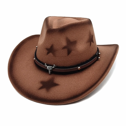 Western Cowboy Hat Cotton Polyester Wide Brim Star Pattern Vintage Leather Belt Bull Head Decoration For Men Women