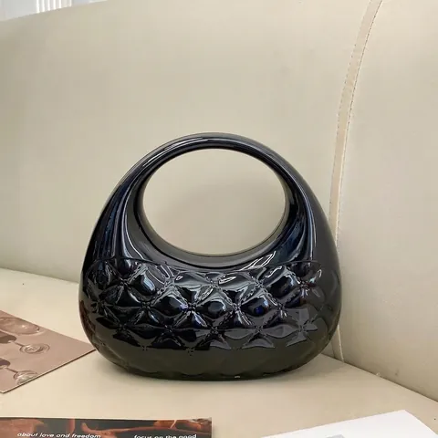 Acrylic Evening Clutch Bag Metallic Glossy Shell Shape Quilted Diamond Pattern Ring Handle For Party Banquet Women