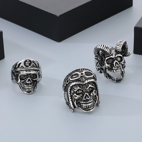 Vintage Punk Totenkopf Ring Edelstahl Ziegenhorn Fliegerbrille Militär Offizier Hut Gothic Biker Schmuck Für Männer