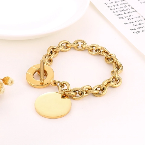 Stainless Steel Necklace And Bracelet Polished Round Disc Pendant Toggle Clasp Hip Hop Minimalist Fashion Jewelry For Women