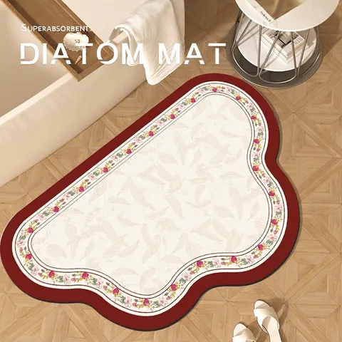 Absorbent Bathroom Mat Diatom Mud Quick Dry Anti Slip Floor Rug American Vintage Floral Irregular Cloud Shape Washable