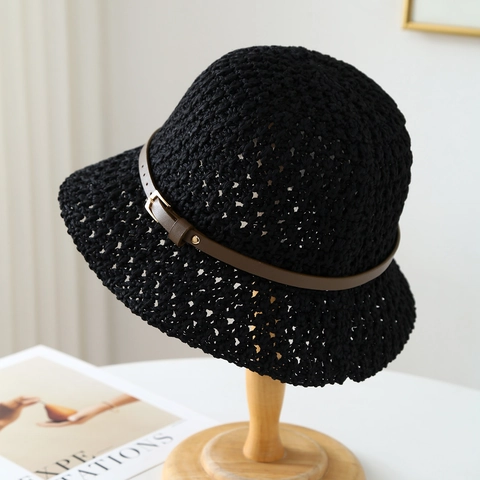 Cappello Da Pescatore In Paglia All Uncinetto Da Donna Protezione Solare Tesa Larga Decorazione Cintura In Ecopelle Stile Vintage Casual
