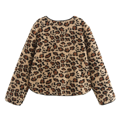 Women Leopard Print Sherpa Fleece Jacket Retro Round Neck Long Sleeve Coat With Ribbon Bow Closure And Pockets