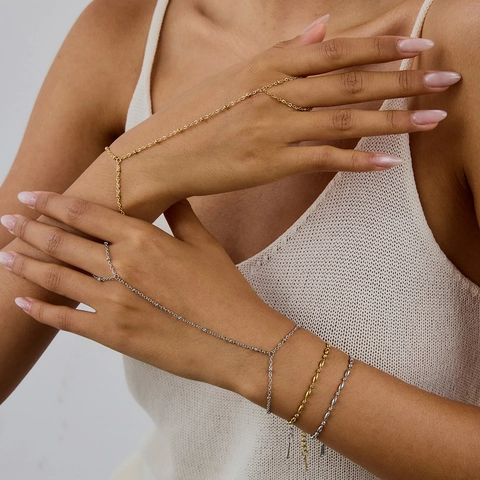 Minimalist Stainless Steel Finger Bracelet For Women Beaded Slave Chain Ring Hand Jewelry 18K Gold Plated Adjustable