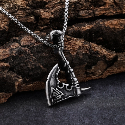 Viking Axe Pendant Necklace Stainless Steel Valknut Symbol Retro Hip Hop Punk Style Accessory For Men