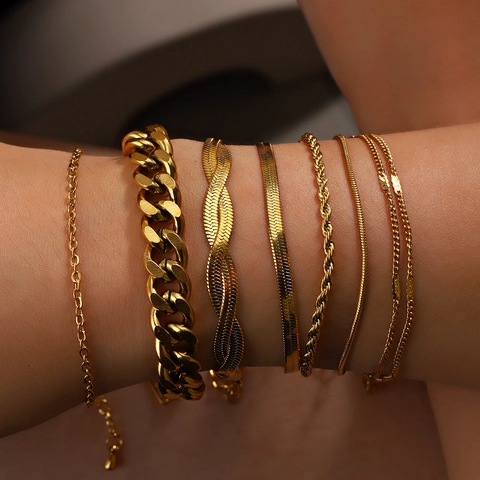 Stainless Steel Bracelet For Women 18K Gold Plated Cuban Link Snake Chain Herringbone Rope Stackable Minimalist Jewelry