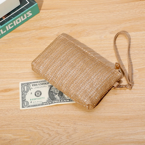 Portafoglio Lungo In Paglia Intrecciata Da Donna Pochette Da Polso Borsa Per Telefono Grande Capacità Cerniera Custodia Estate Casual
