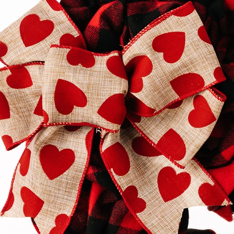 Valentine's Day Fabric Heart Wreath With Bow Buffalo Plaid Burlap Hanging Ornament For Wedding Party Home Wall Decoration