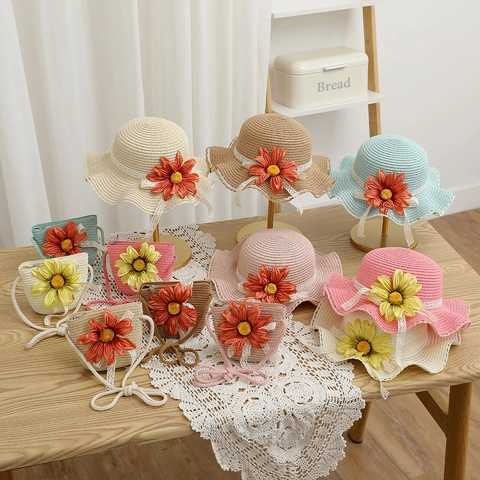 Cappello Di Paglia Borsa A Tracolla Bambine Protezione Solare Spiaggia Fiore Pizzo Dolce Estate Copricapo