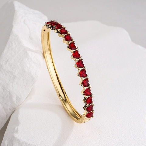 Heart Shaped Zircon Bangle Bracelet Copper 18K Gold Plated Colorful Gemstone Elegant Hinged Hand Jewelry For Women INS