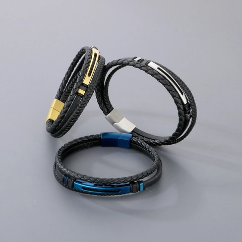 Bracciale Uomo Pelle Intrecciata Acciaio Inossidabile Multistrato Chiusura Magnetica Stile Punk Minimalista Gioielli Casual