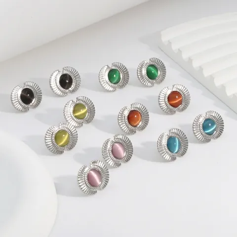 Fan Shaped Stud Earrings With Cat Eye Stone Inlaid Stainless Steel Jewelry For Women Exquisite Elegant Fashionable