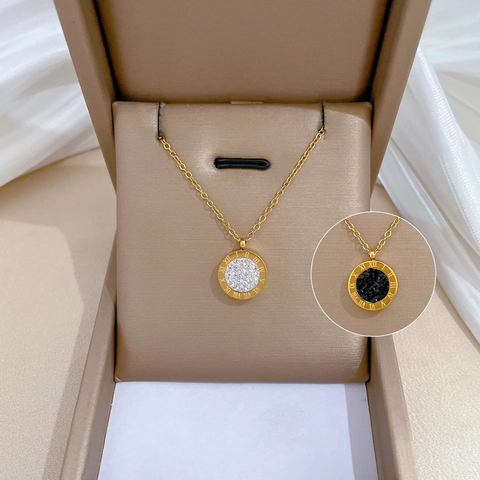 Collana Con Ciondolo Tondo Numeri Romani Acciaio Al Titanio Placcato Oro Con Cristallo Di Zirconia Gioielli Moda Donna