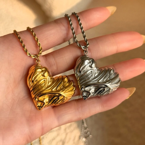 Vintage Heart Pendant Necklace And Earrings 18K Gold Plated Stainless Steel Lava Texture Embossed Retro Jewelry For Women