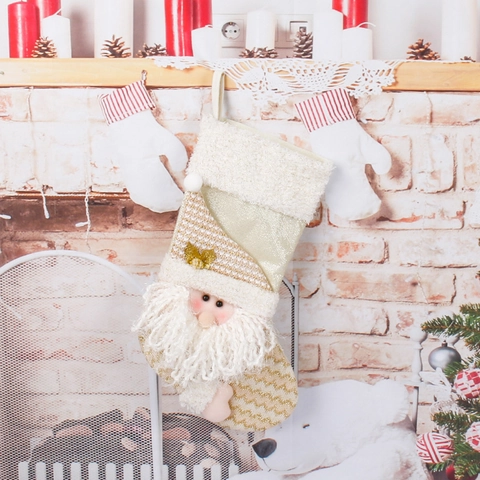 Calze Di Natale Babbo Natale Pupazzo Di Neve 3D Peluche Paillettes Beige Oro Appese Decorazioni Festive Per Camino