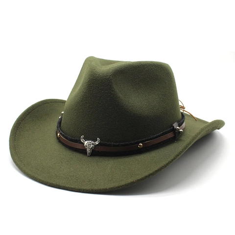 Western Cowboy Hat Wool Felt Fedora With Bull Skull Badge And Rivets Wide Brim Retro Ethnic Style For Men Women