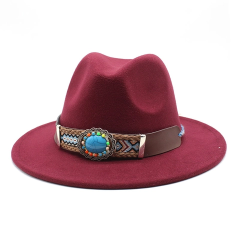 Fedora Hat Wide Brim Ethnic Bohemian Style With Turquoise Bead Decorative Band Vintage Jazz Cap For Women Men