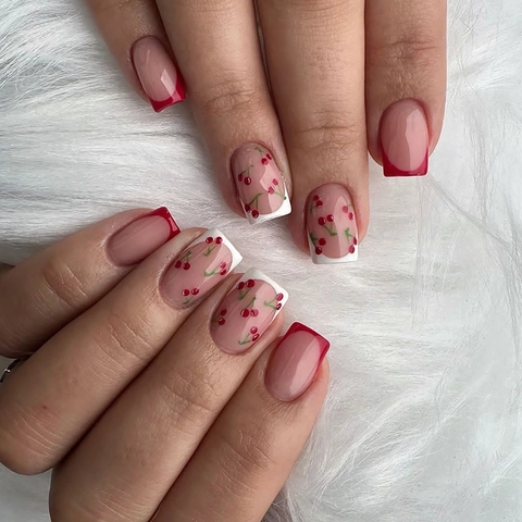 French Cherry Press On Nails Square Red Tip Artificial False Nails Removable ABS Plastic Cute Manicure For Women