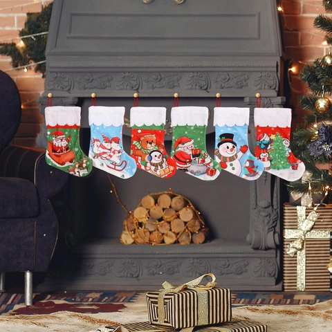 Christmas Stocking Large Plush Gift Bag With Faux Fur Trim Cartoon Santa Snowman Printed Fireplace Hanging Decoration