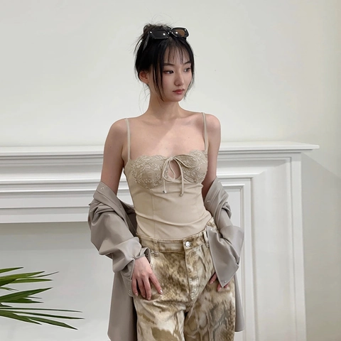 Sexy Lace Patchwork Camisole Tank Top Slim Fit Cropped Spaghetti Straps Bow Tie Vintage Corset Style For Women