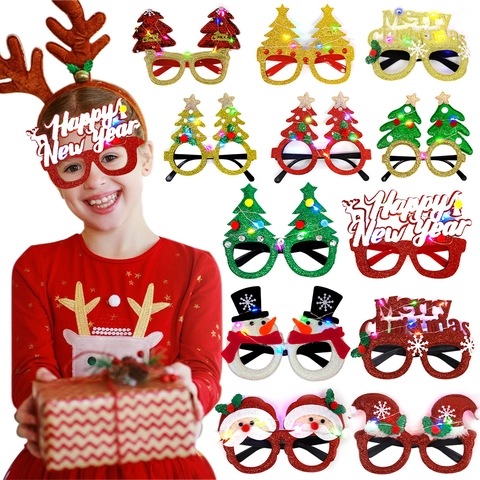 LED Christmas Glasses Glowing Plastic Festive Party Frames Glitter Felt Holiday New Year Decor For Kids Adults