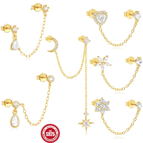 925 Sterling Silver Chain Stud Earrings Gold Plated Heart Moon Star Flower Cubic Zirconia Jewelry For Double Piercing