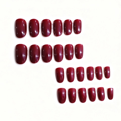 Unghie Finte A Pressione Rosso Borgogna Lucido Ovali Corte Unghie Artificiali ABS Manicure Donne DIY