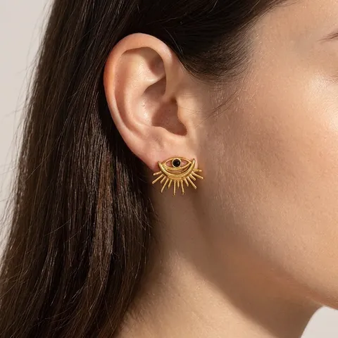 Vintage Stainless Steel Evil Eye Stud Earrings For Women Sunburst Radiant Design Black Bead Inlay Fashion Jewelry Earrings