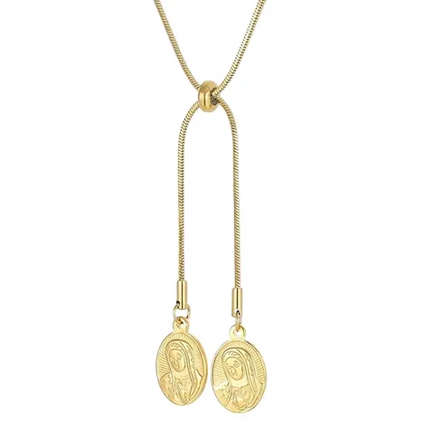 Stainless Steel Virgin Mary Relief Oval Pendant Snake Chain Necklace Adjustable Bolo Fashion Retro Jewelry Women