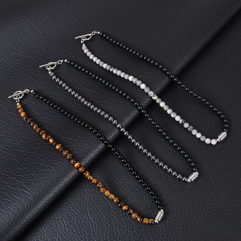 Handgemachte Naturstein Perlenhalskette Mit Edelstahl OT Verschluss Tigerauge Obsidian Vintage Stil Für Männer