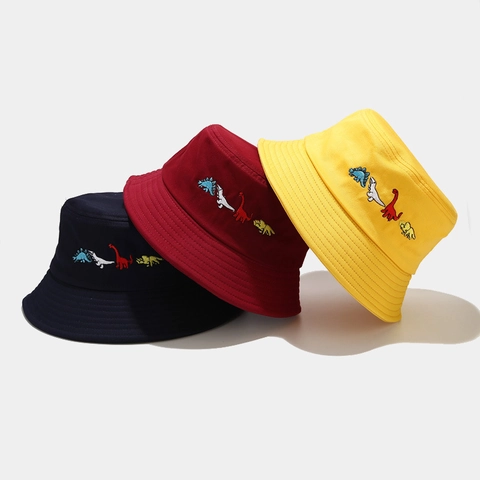 Cappello Da Pescatore Cotone Ricamo Dinosauro Pieghevole Protezione Solare Outdoor Casual Cartone Animato Unisex