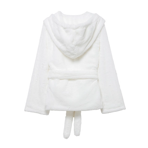 Women Faux Fur Coat Hooded Belted Short Soft Winter Jacket Solid White Outerwear