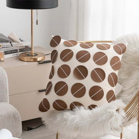 Decorative Cushion Covers Faux Leather Canvas Patchwork Geometric Maillard Style Brown Beige Luxury Pillowcases For Sofa
