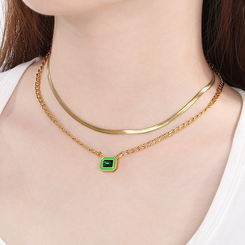 Double Layer Necklace Stainless Steel Geometric Rectangle Gemstone Pendant Enamel Cuban Snake Chain Jewelry For Women