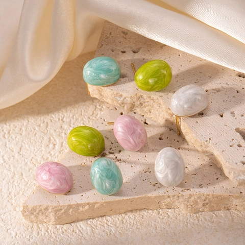 Korean Style Titanium Steel Stud Earrings For Women Oval Marble Texture Stainless Steel Post Colorful Exquisite Small Dainty Jewelry