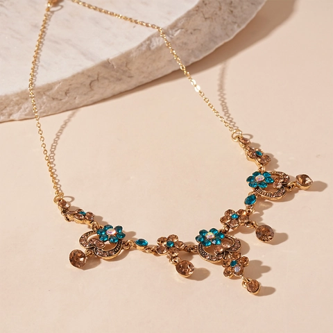 Collana Vintage A Fiori In Lega Dorata Con Strass Blu E Champagne Stile Palazzo Bohemien Gioielli Da Donna