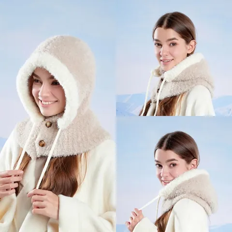 Passamontagna In Peluche Cappello Sciarpa Integrato Inverno Caldo Pile Sherpa Scaldacollo Con Cappuccio Bottone Coulisse