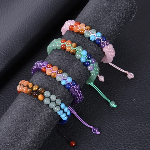 Handmade 6mm Natural Stone Double Row Braided Bracelet 7 Chakra Healing Rose Quartz Tiger Eye Adjustable Jewelry For Women