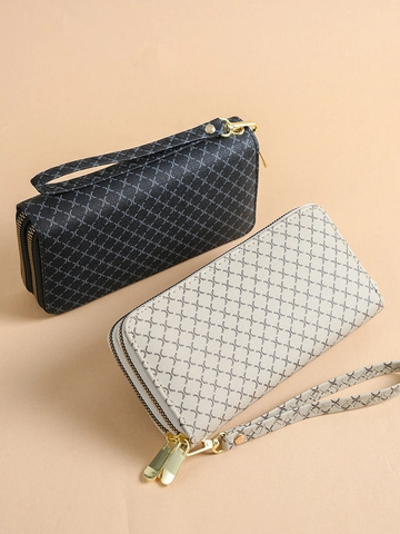 Damen Geldbörse Lang Doppelter Reißverschluss Clutch Tasche PU Leder Geometrischer Druck Große Kapazität Mit Handgelenkschlaufe