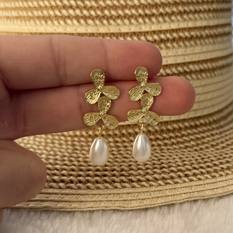 Stainless Steel Flower Butterfly Starfish Drop Earrings With Artificial Pearl Elegant Gold Plated Fashion Jewelry For Women