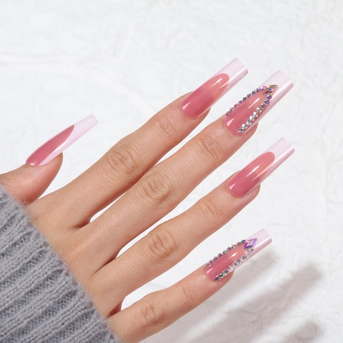 Uñas Postizas Press On Francesas Degradado Rosa Cuadros Largas Ataúd Cuadradas Con Pedrería De Colores Manicura