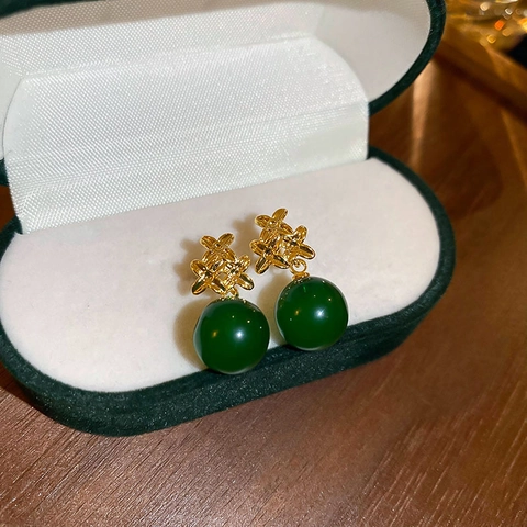Vintage Flower Resin Round Bead Drop Earrings With Silver Earring Post Gold Plated Elegant French Style For Women