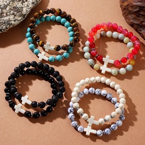 Natural Stone Cross Beaded Bracelet Lava Rock Tiger Eye Turquoise Ethnic Faith Elastic Handmade Jewelry For Men Women