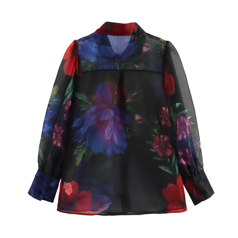 Dames Blouse Met Bloemenprint Strik Organza Transparante Mesh Shirt Met Lange Mouwen Elegant Mode Kantoor Dames Tops