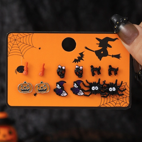Halloween Ohrstecker Set Legierung Emaille Kürbis Geist Spinne Totenkopf Hexenhut Für Damen Halloween Party Zubehör Mode Schmuck Mit Edelstahl Ohrstecker