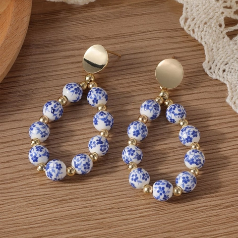 Blauw En Wit Porselein Keramische Kralen Oorbellen Retro Chinese Stijl Goudkleurige Koperen Sieraden Voor Dames