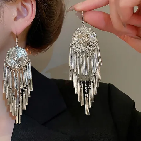 Pendientes Colgantes De Borla De Metal Bohemio Con Relieve Redondo Retro Para Mujer Estilo Étnico Joyería Elegante