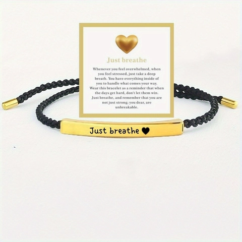 Just Breathe Engraved Stainless Steel Braided Rope Bracelet And Adjustable Wrap Ring Inspirational Jewelry Gift