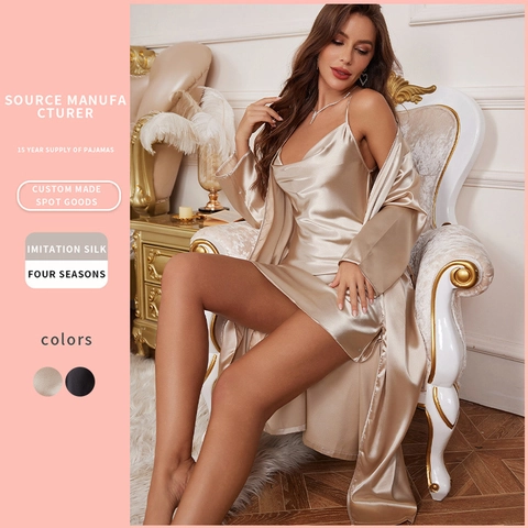 Women Nightdress And Robe Imitation Satin Satin Sleepwear V-Neck Comfortable Elegant Loungewear